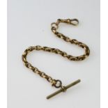 Yellow metal (tests as approx 18ct) pocket watch chain with non gold "T" bar. Approx 17.cm, weight