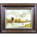 Oil on Board, depicting a Dutch riverside with windmills. Signed P. Vooren lower right. Measures