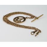 9ct "T" bar pocket watch chain with Masonic pendant attatched. Length aprox 40cm, weight 24.5g