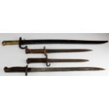 Bayonets - 1) French M1866 made at St Etienne in 1870, scabbard and cross guard heavily pitted,