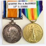 BWM & Victory Medal to S-25705 Pte A MacDonald R.Highrs. Served 13th Bn. (2)
