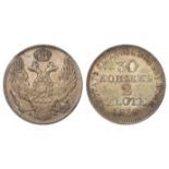Poland, Russian Empire, silver 2 Zlotych (30 Kopeks) 1839 MW, C# 132, toned aEF
