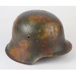 German raw edged combat helmet, Normandy camo old overpaint, with liner, feint stampings on rear