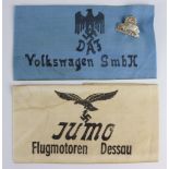 German Nazi armband Volkswagen factory and badge + Jumo factory armband.