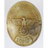 German REICHSFINAN metal arm badge no 20855.