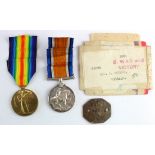 BWM & Victory Medals & dog tag & box 26279 Pte S Selmes Wilts R (and 29732 SLI on dog tag). (2)