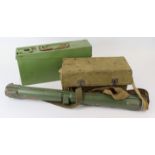 German MG 34/42 machine gun ammo tin, spare barrel case and two drum magazines in canvas carrying