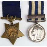 Egypt Medal dated 1882 with Tel El Kebir clasp (4131 xxxxxxxxx Gds) named erased. Plus Khedives Star