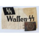 German WAFFEN SS arm band, SS belt buckle and SS collar patch.