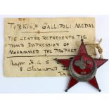 Gallipoli WW1 Star, pin back, with original label attached, 'Major H A S Bridle of Exmouth'.