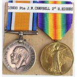 BWM & Victory Medal to S-15600 Pte J W Campbell R.Highrs. Served with 2nd Bn. (2)