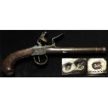 Flintlock boxlock cannon barrelled Queen Anne style travelling pistol, lock panel signed "Adams",