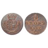 Poland, Grand Duchy of Warsaw, Friedrich August I, copper 1 Grosz 1812 IB, C# 81, nEF, trace
