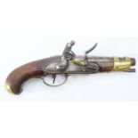 Flintlock pistol, unmarked, possibly for Naval use. Ring neck cock, unmarked lockplate, brass pan.