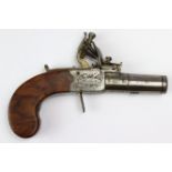 Flintlock boxlock, turn off barrel pocket Pistol by Oates of Worcester. Side panels engraved with