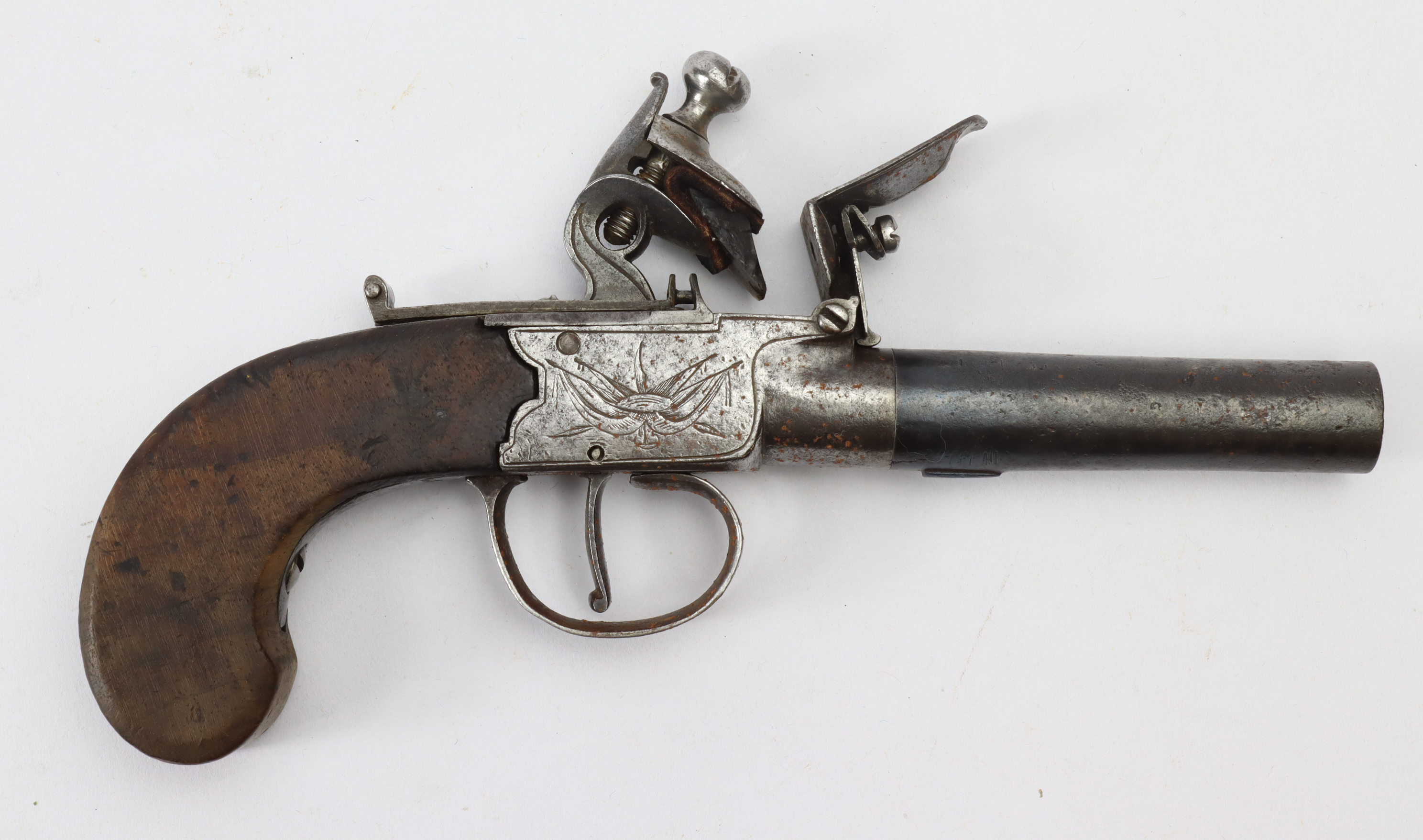 Flintlock boxlock, turn off barrelled pocket pistol, barrel 2 3/4" approx, centrally mounted ring