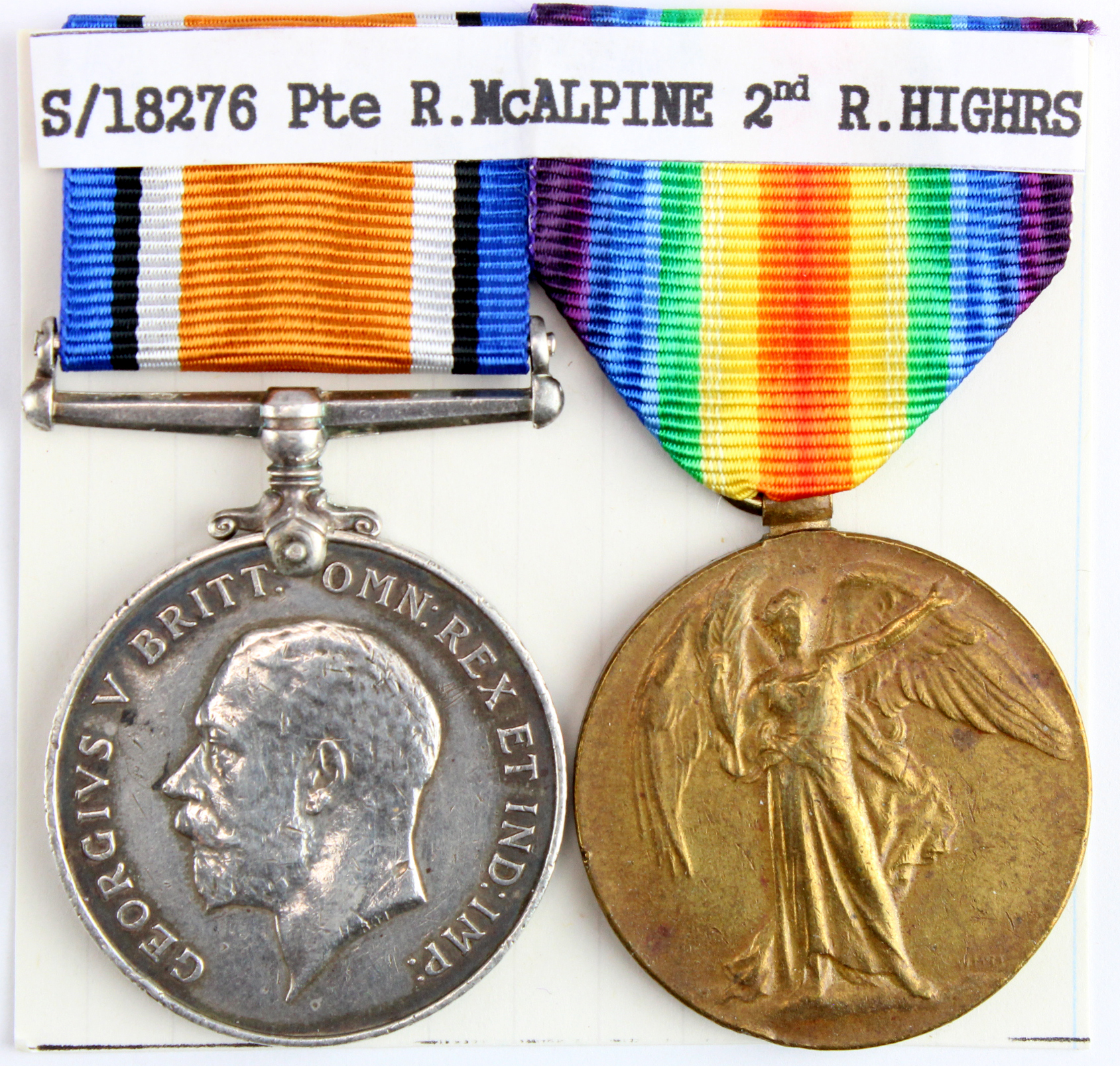 BWM & Victory Medal to S-18276 Pte R McAlpine R.Highrs. Served 2nd Bn. (2)