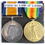 BWM & Victory Medal to S-26233 Cpl R C Hume R.Highrs. Served 13th Bn. (2)