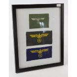 German Nazi framed set of three cloth breast eagles.