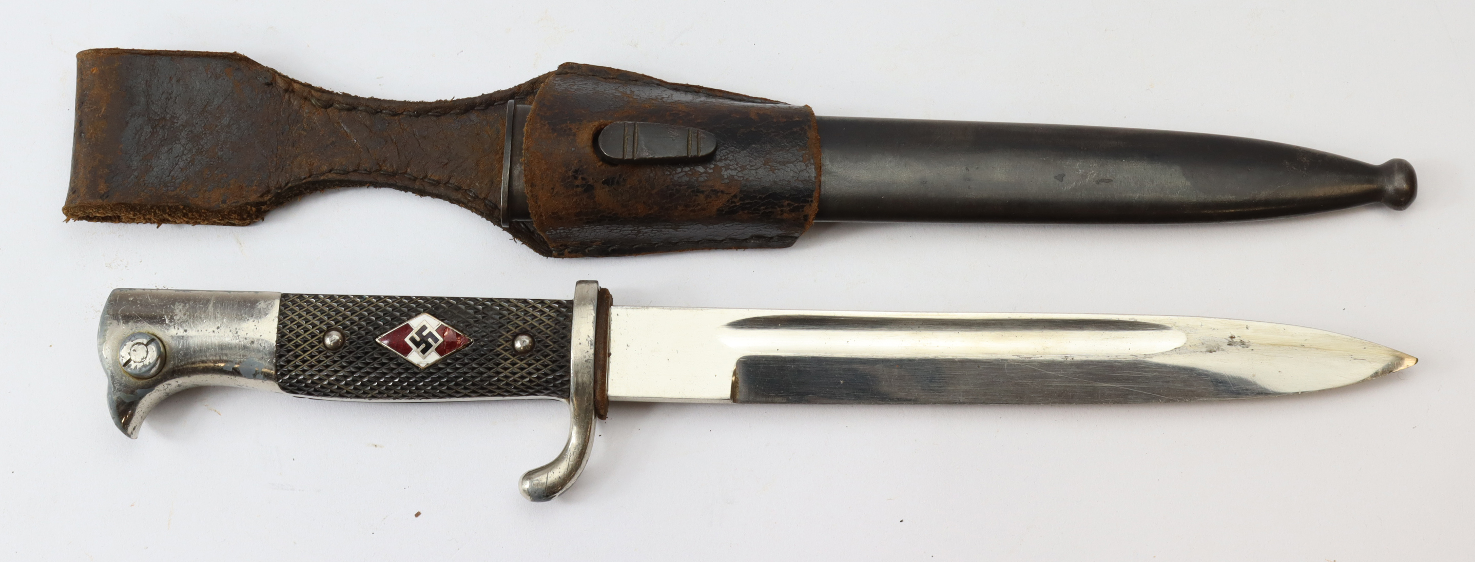 German Bayonet HJ diamond to grip, high finish dress blade, complete with scabbard & frog