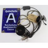 German Nazi Reichesbahn enamel sign, telephone switch board headphones.