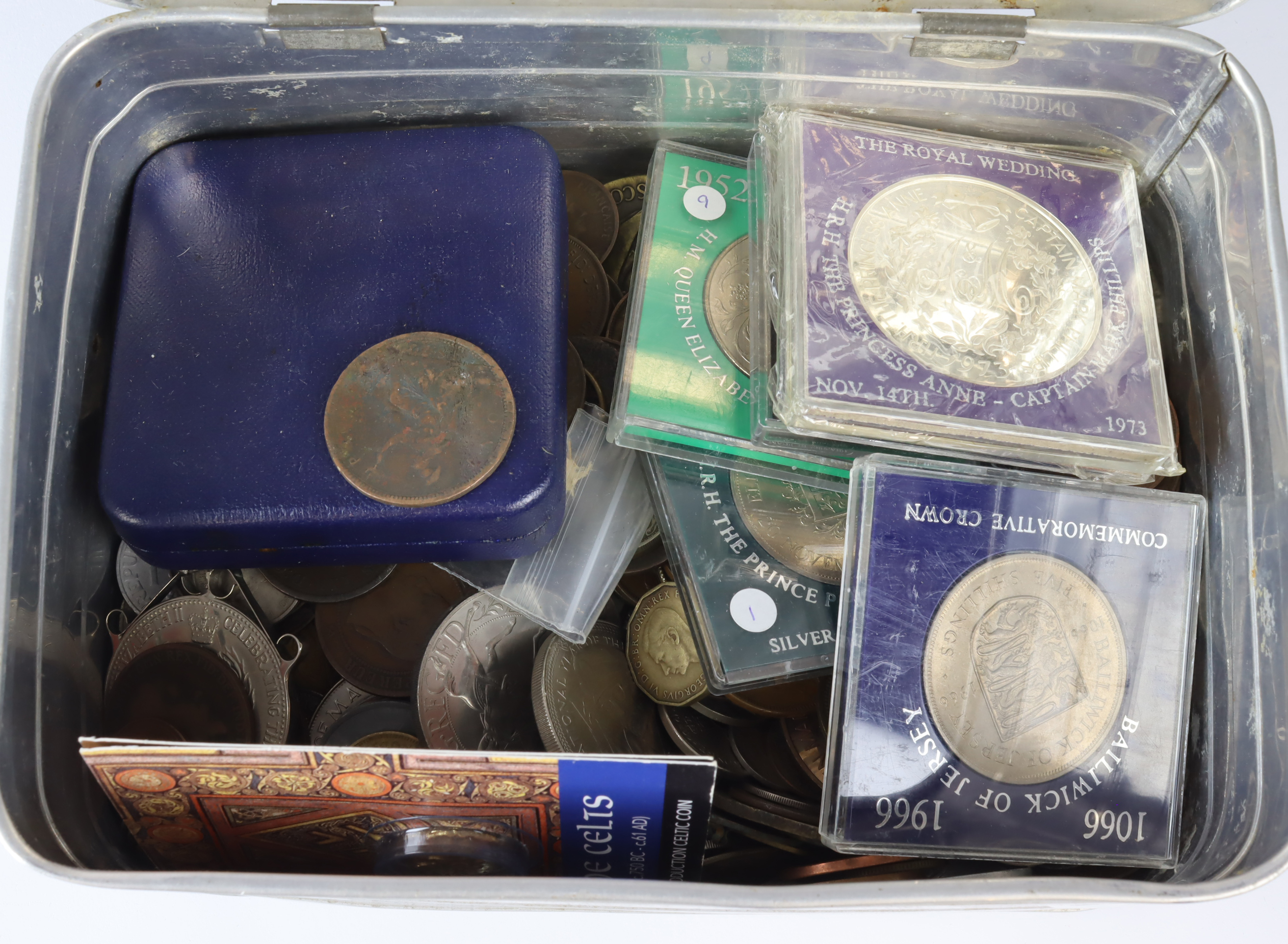 Assortment of various coins in an old tin (needs sorting)