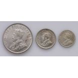 South Africa (3): Florin 1928 aEF, Sixpence 1929 EF, and Threepence 1925 wreath type VF, light