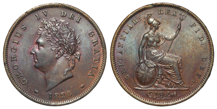 Penny 1826 plain saltire, EF trace lustre, a few tiny edge nicks/cracks.