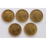 Sovereigns (5) All St George Melbourne Mint. 1872, 1873, 1874, 1876 & 1877. nVF - GVF