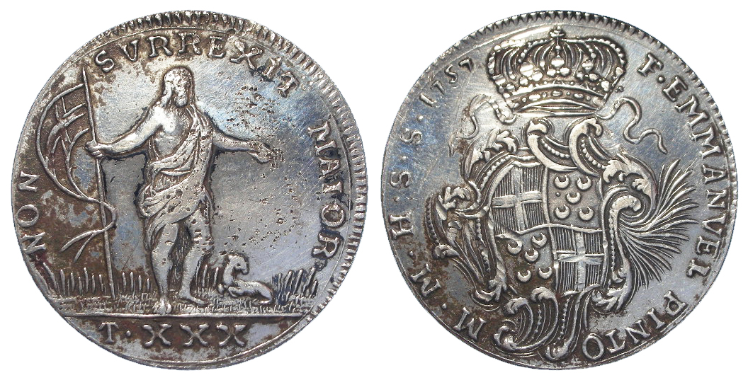 Malta silver 30 Tari 1757, ex-mount VF with some surface marks.