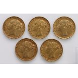 Sovereigns (5) All St George Melbourne Mint. 1878, 1879, 1882, 1884 & 1885. VF or better