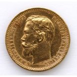 Russia gold 5 Roubles 1901 ??, Y# 62, VF with a small test cut on the rim reverse. (0.1245 troy oz