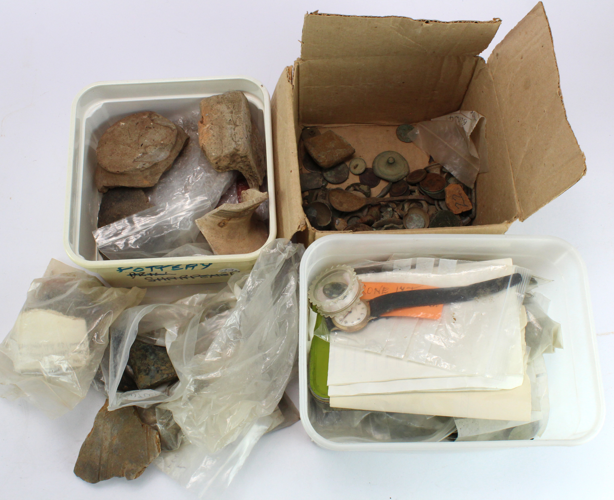 Detector-Finds in a box and tub, plus an extra tub of pottery shards. A life-time's bits and pieces.