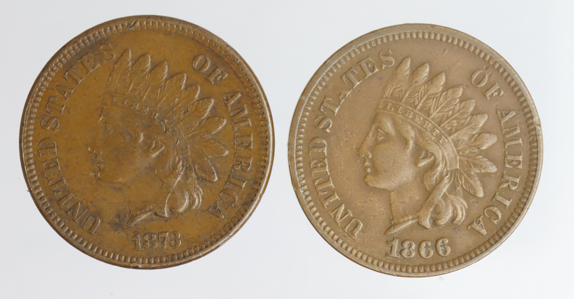 USA Indian Head Cents (2) scarce dates: 1866 VF, and 1873 open 3, VF