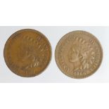 USA Indian Head Cents (2) scarce dates: 1866 VF, and 1873 open 3, VF