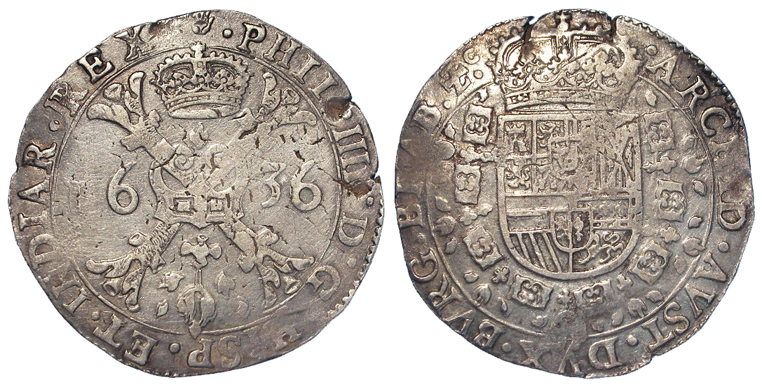 Spanish Netherlands silver Patagon 1636 mm. Hand (Antwerp), KM# 53.1, VF, weak in places.