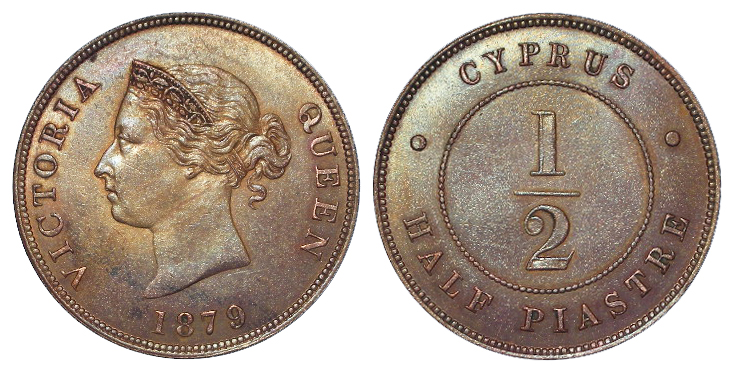 Cyprus Half Piastre 1879 near UNC, very rare in this grade.