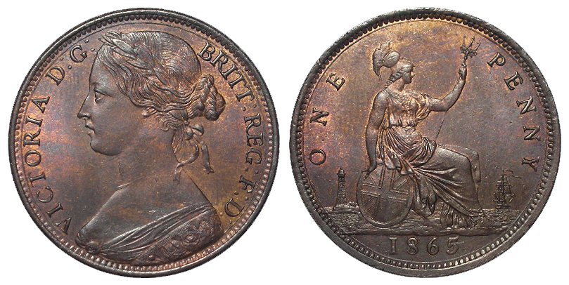 Penny 1865/3 with some small scratches around the date, EF trace lustre.