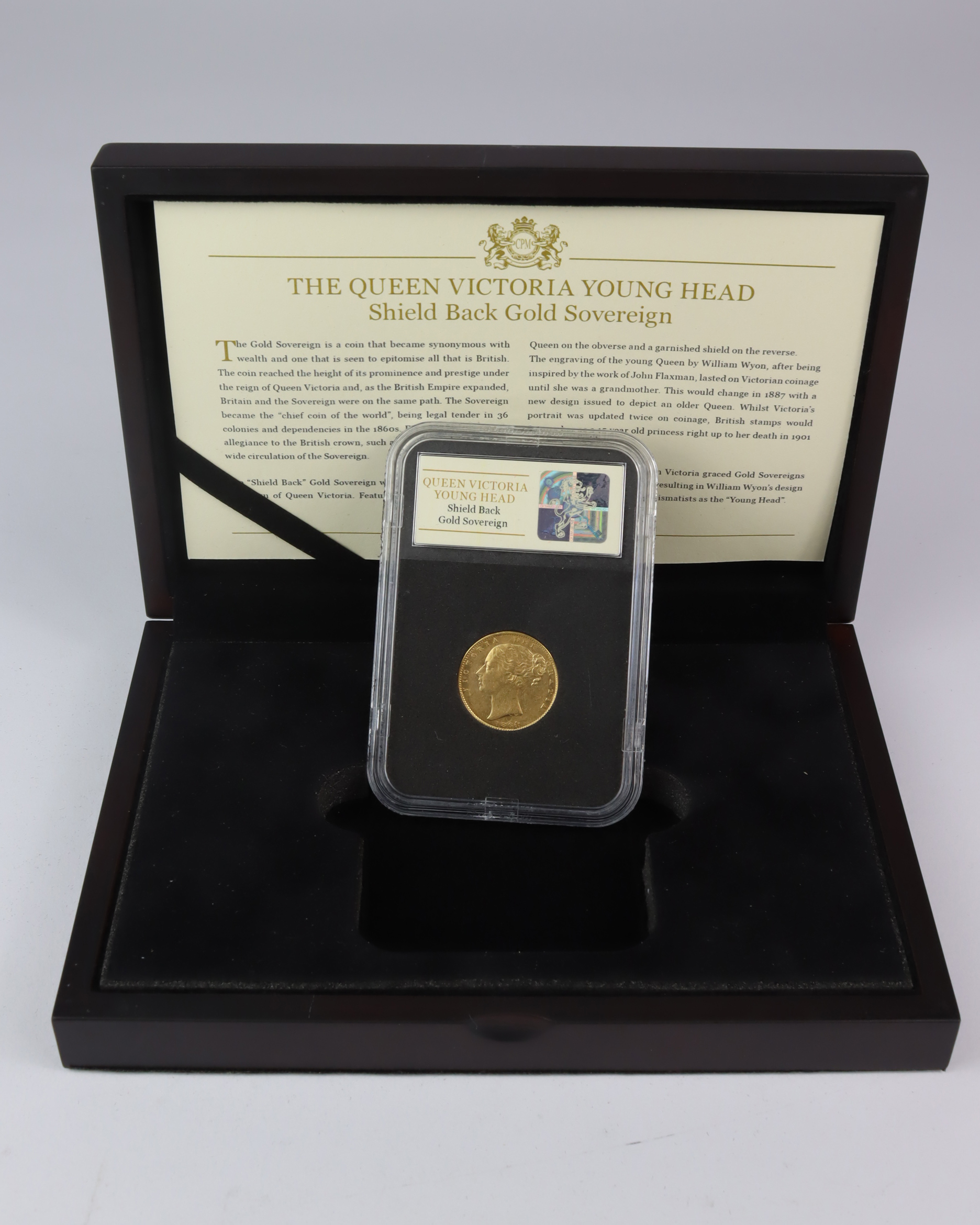 Sovereign 1864 "Shieldback" GVF/nEF in a "Coin Portfolio Management" box with certificate