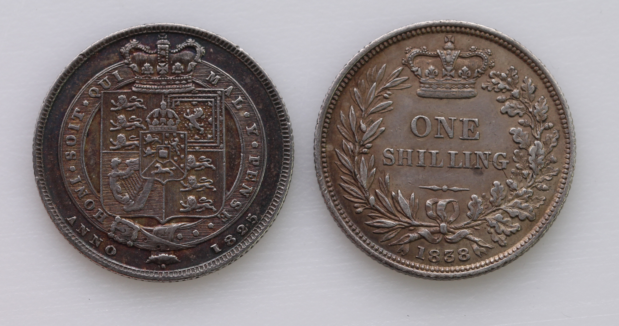 Shillings (2): 1825 shield, stop after P but not stop after B in initials, VF, along with 1838 GVF - Image 2 of 2