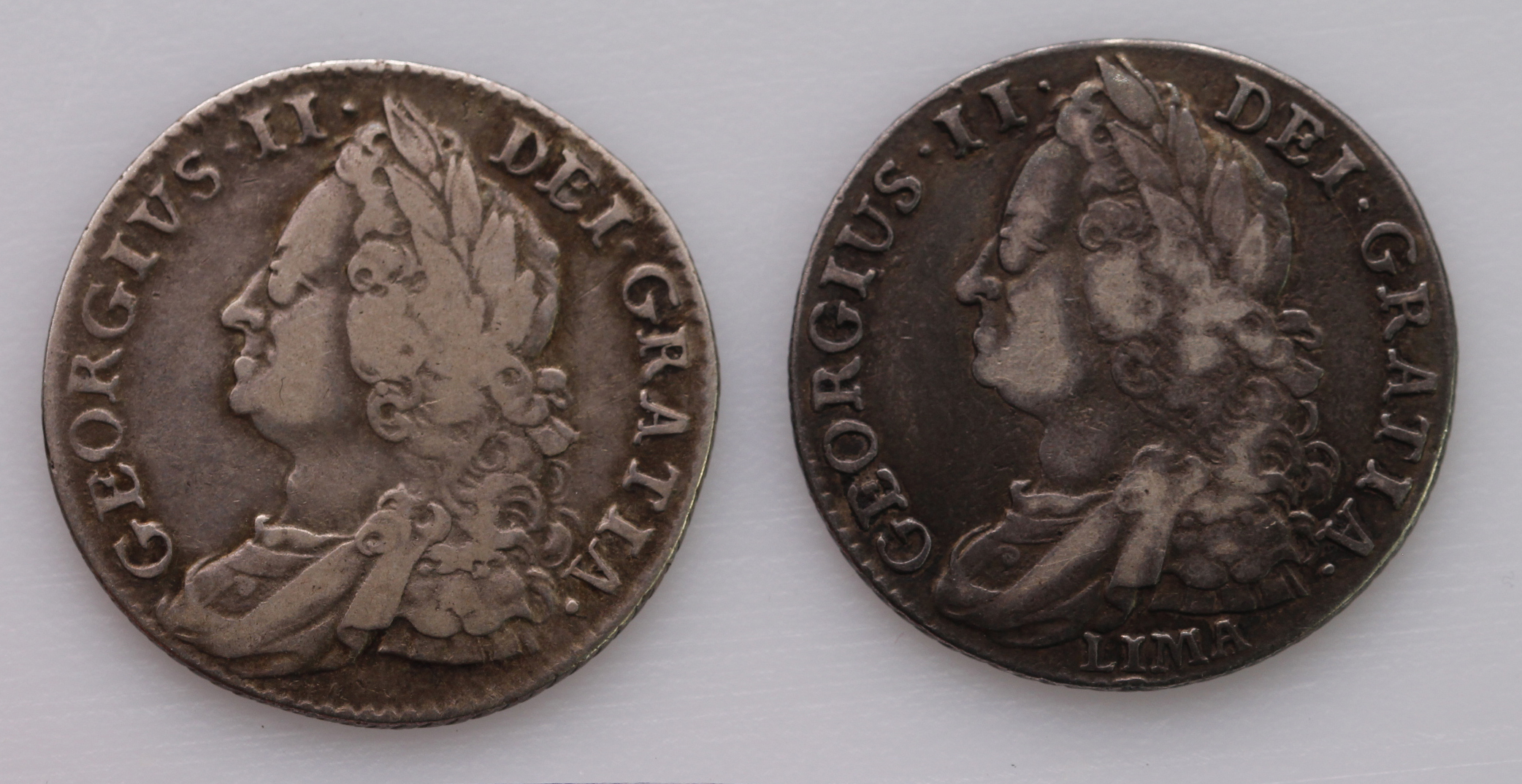 Shillings (2): 1745 LIMA S.3703 GF, and 1750 small 0, S.3704, Fine.