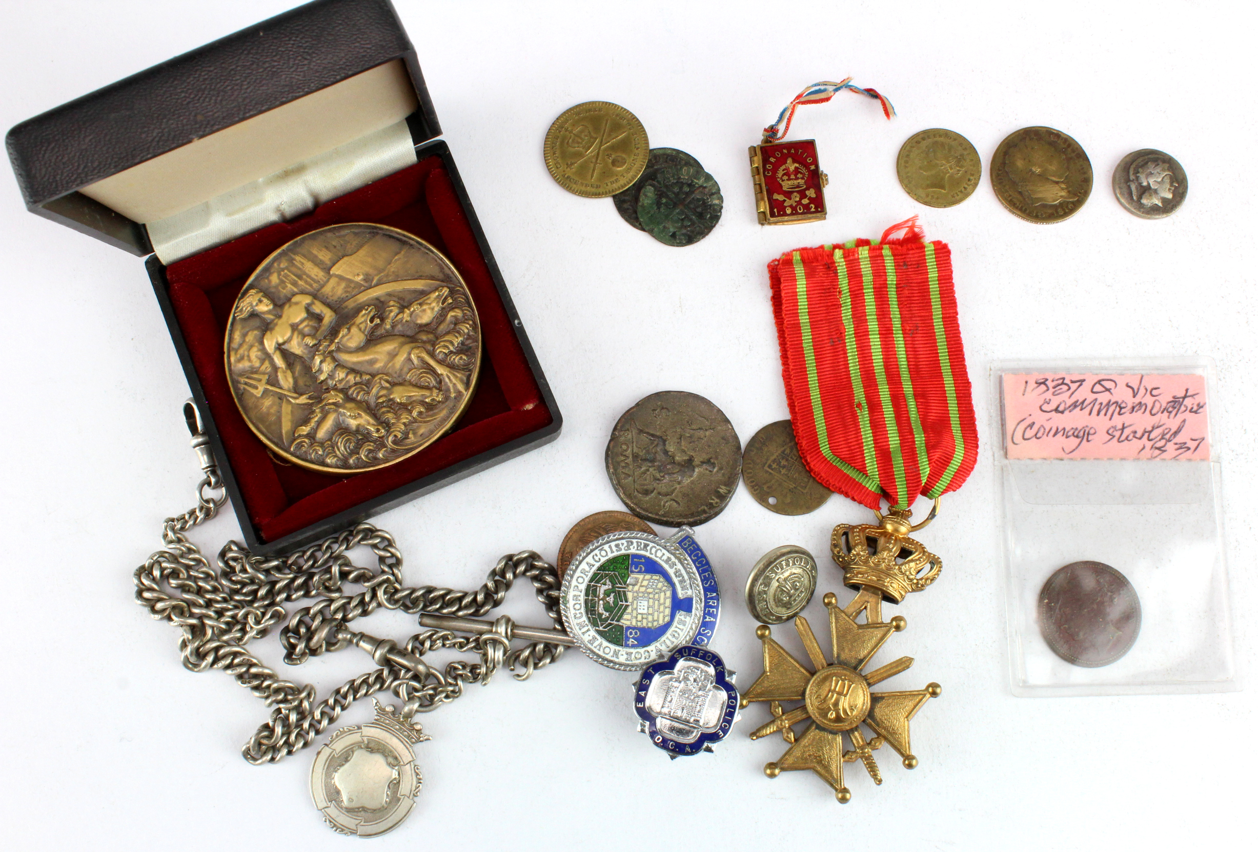 Tokens, medals, badges, copies etc (17), noted an Edward VII 1902 Coronation miniature photo album