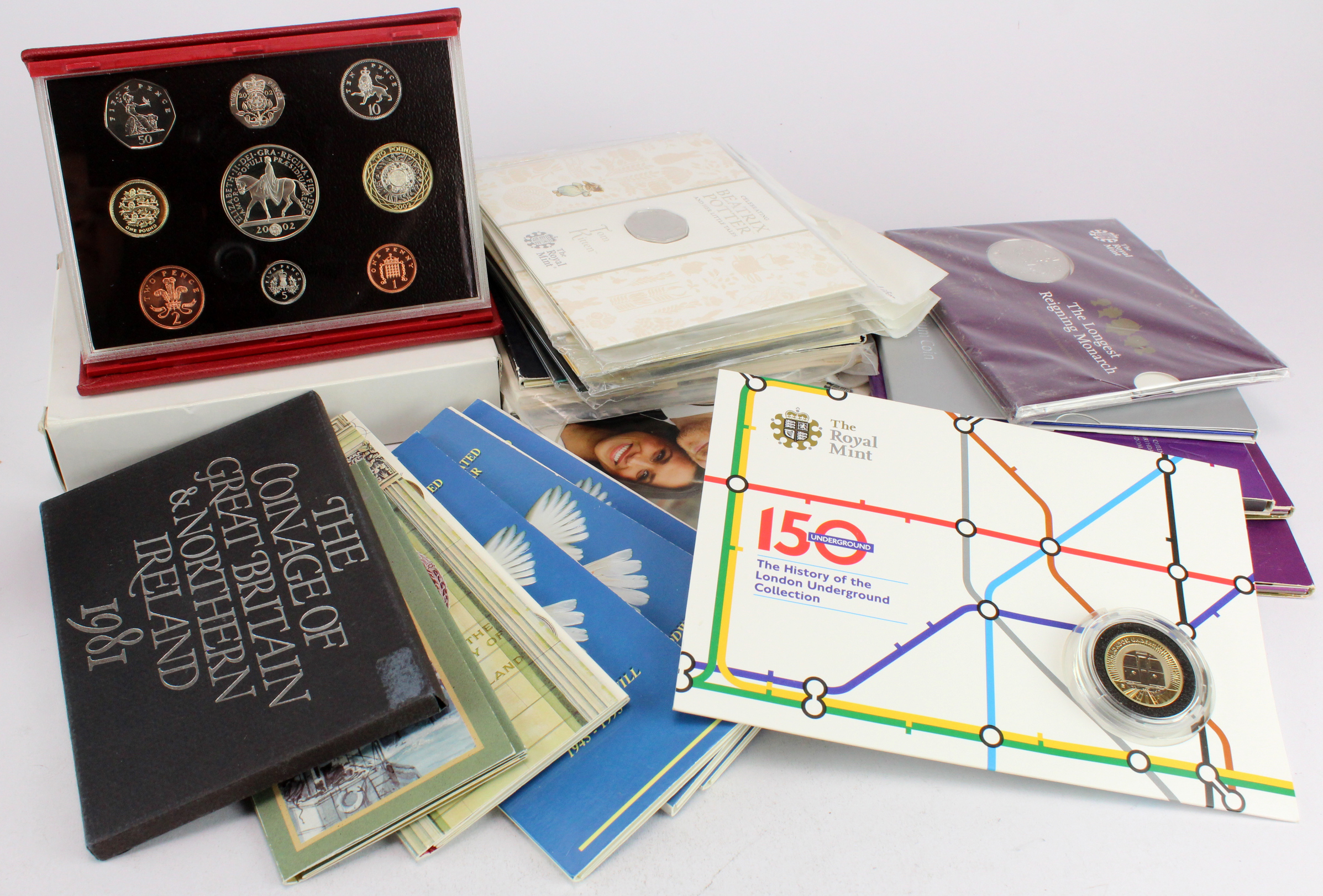 GB Royal Mint, 24 sets including Mint Sets (1990 baby, 1995), Proof Sets (1981 corroded, 2002 deluxe