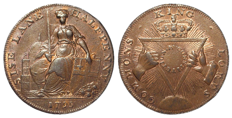 Token, 18thC: Sise Lane, London, Davidson's Constitution Halfpenny 1795, T. & R. Davidsons' edge;