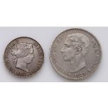 Spain (2) silver 1 Escudo 1867 GF, and 5 Pesetas 1875 GF