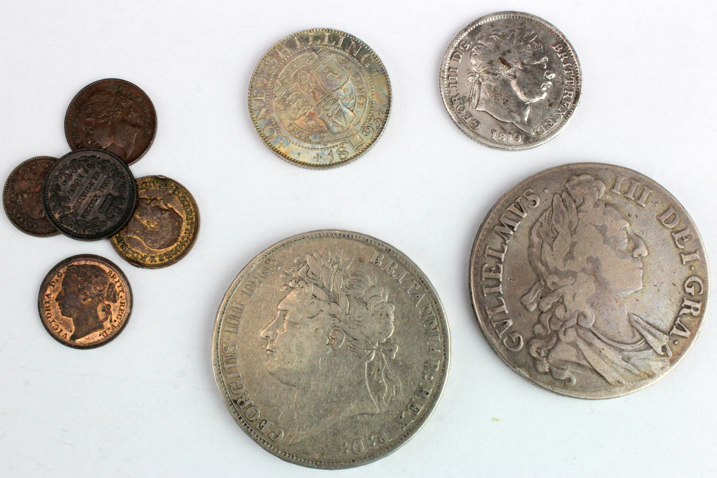 GB Coins (9): Crown 1695 Octavo VG, Crown 1821 Secundo nF, Shilling 1819/8 Fair, Shilling 1893