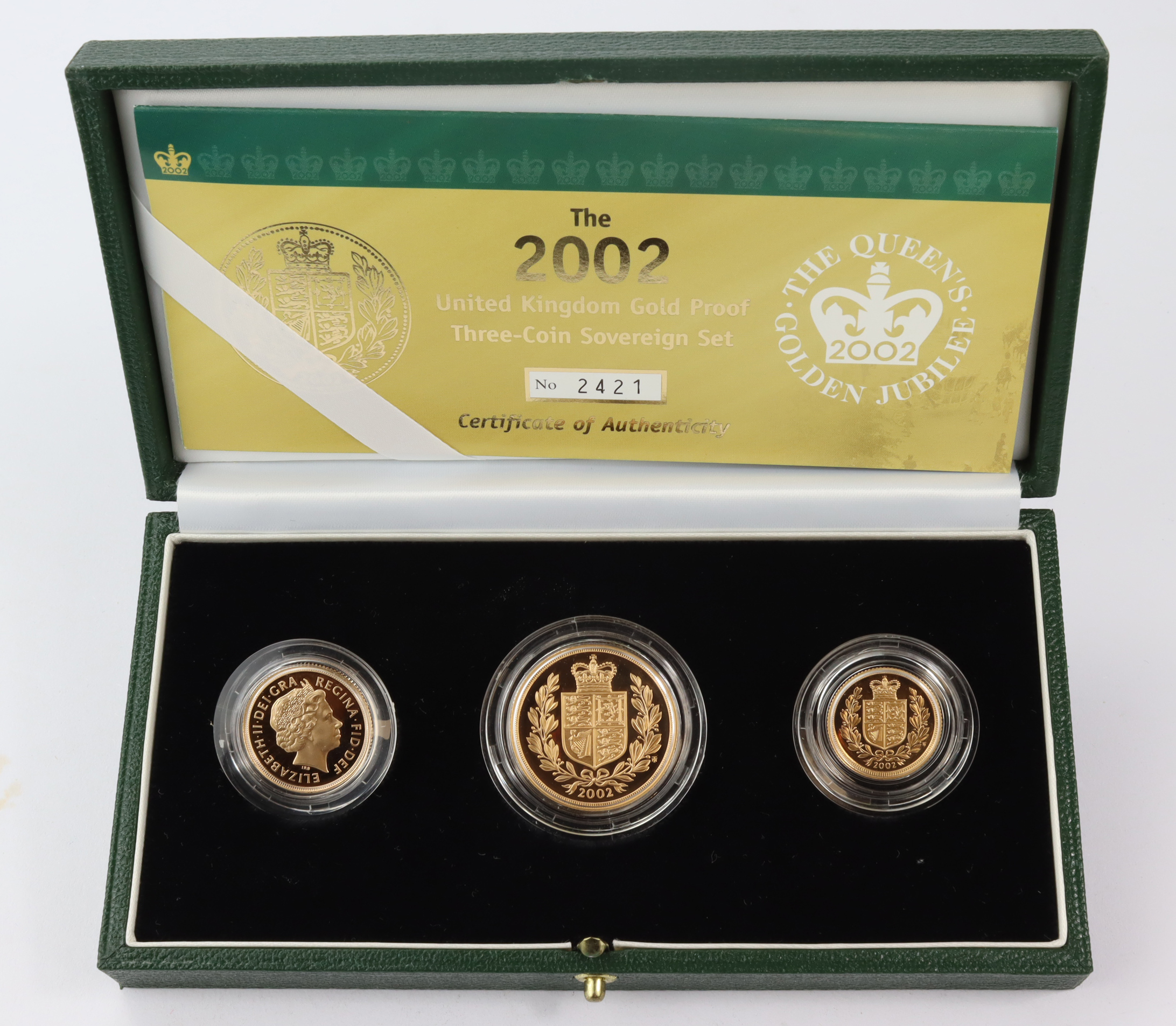 Three coin set 2002 (Two Pounds, Sovereign & Half Sovereign) Proof FDC boxed as issued