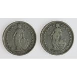 Switzerland silver 2 Francs (2) 1901B (scarce date) both Fine.