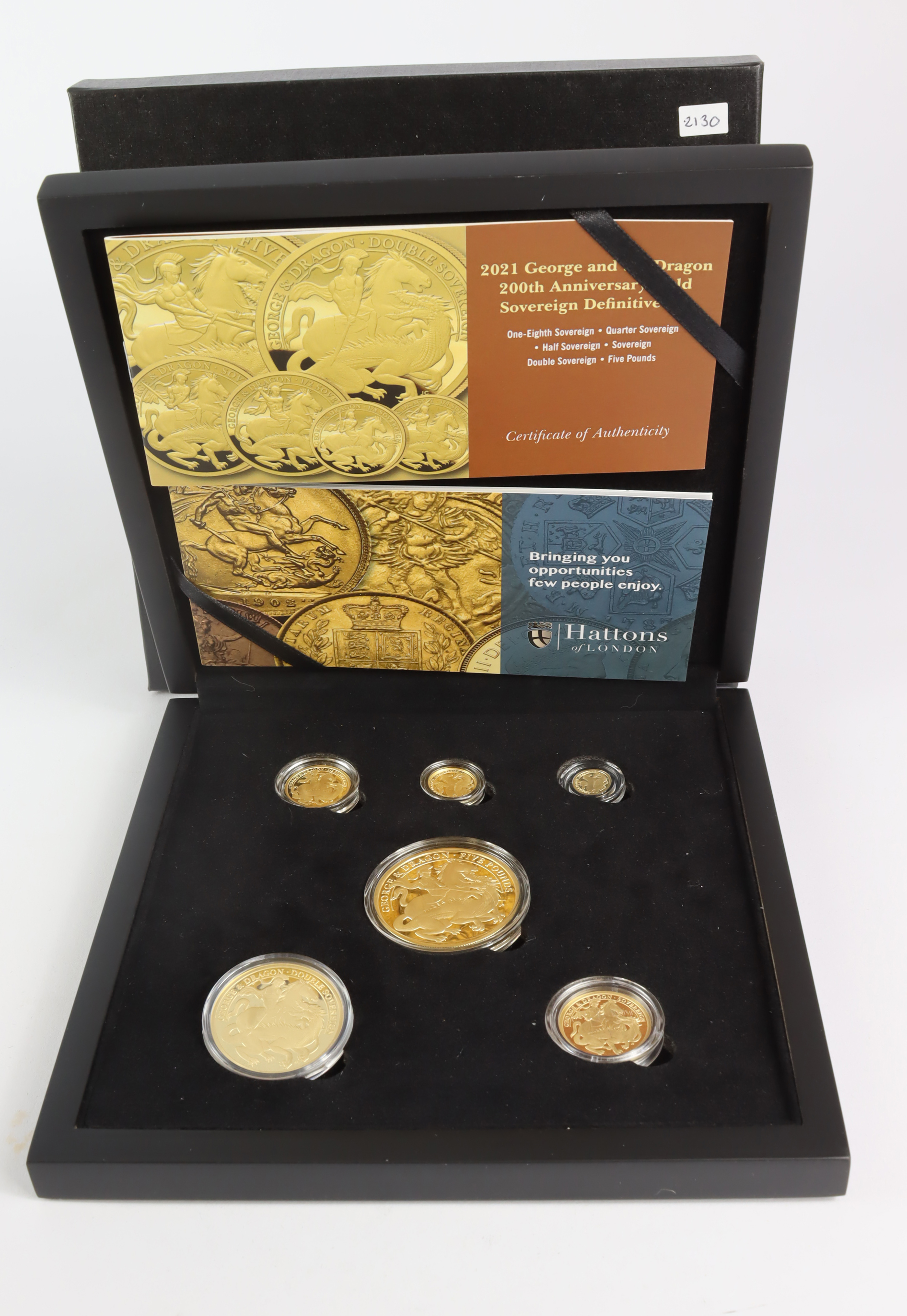 Alderney Six coin gold proof set 2021 (Five Pounds - one-eighth Sovereign). Proof FDC In a "