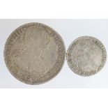 Spanish Silver (2): Mexico 8 Reales 1795 Mo FM, nVF, and Seville, Spain 2 Reales 1793 S C.N, aVF